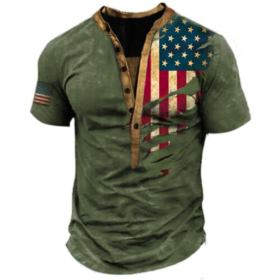 

Men's Outdoor American Flag Print Henley Cotton T-Shirt