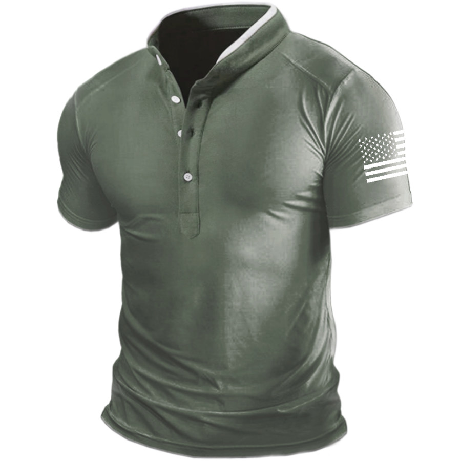 

Men's Vintage American Flag Print Henley Collar T-Shirt