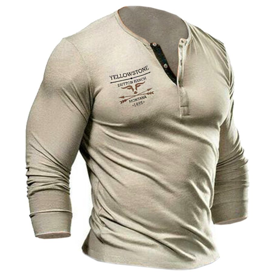 

Men's Vintage Western Yellowstone Henley Stand Collar T-Shirt