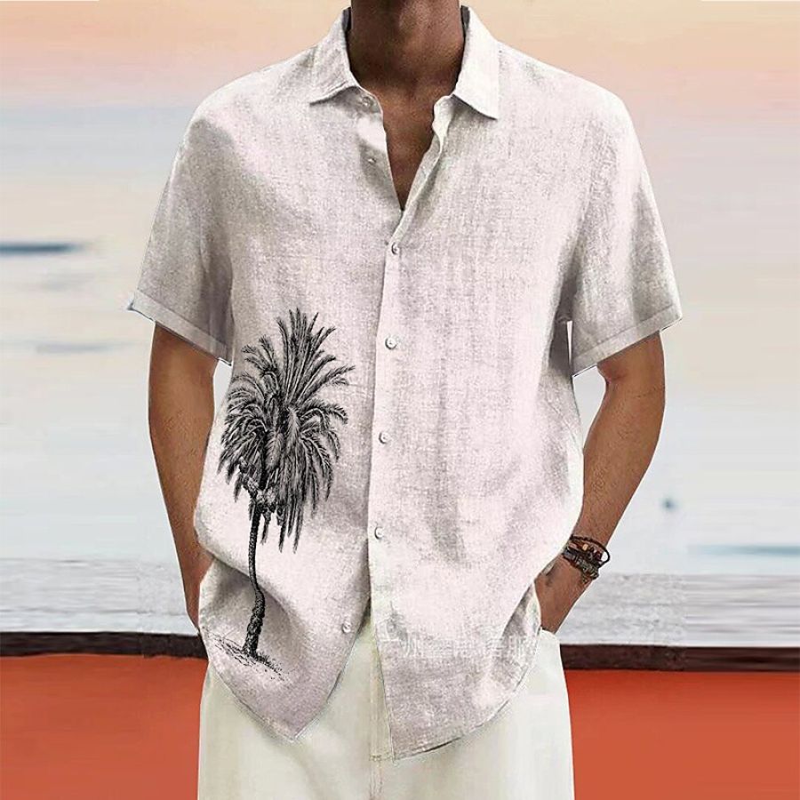 

Mens Cotton And Linen Graphic Short Sleeve Shirt