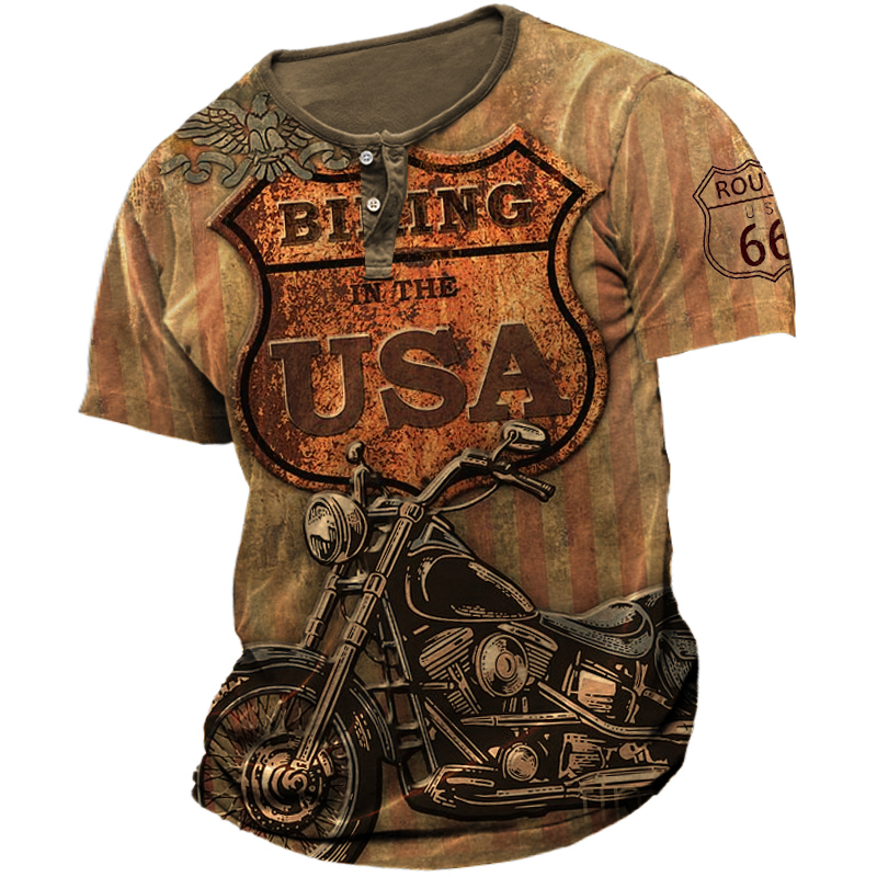 Mens Outdoor 66 Route Chic Graphic Printed Henley Shirt Tee