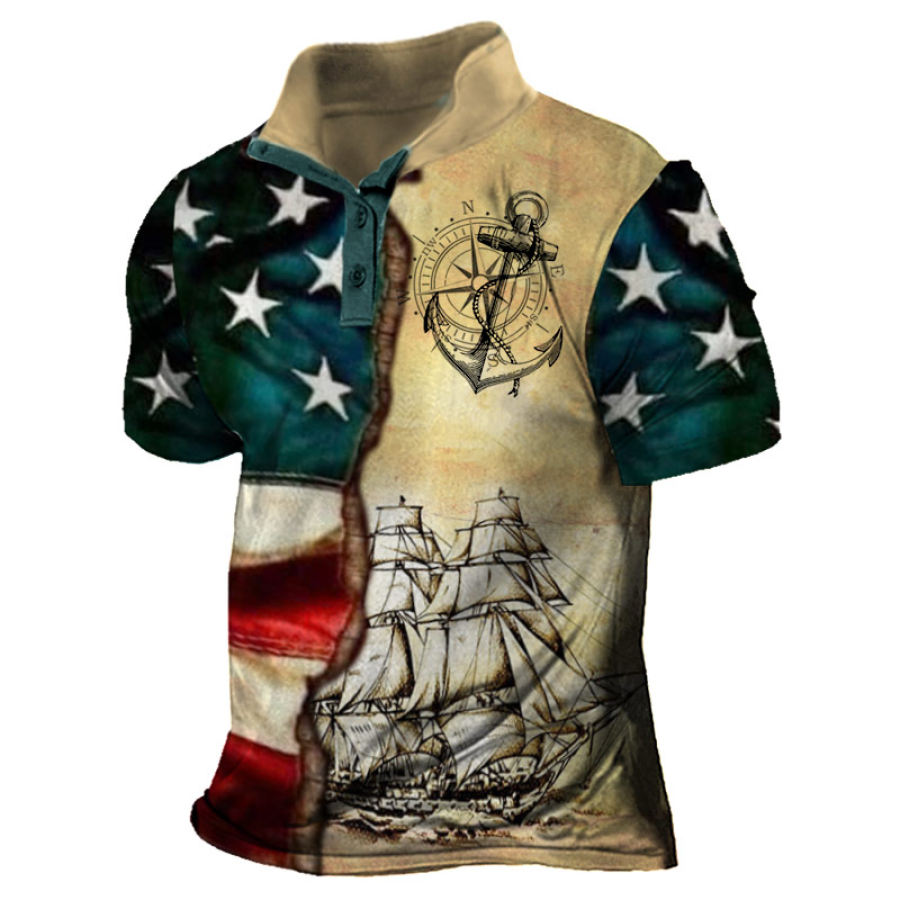 

Men's Vintage Outdoor American Flag Nautical Boat Print T-Shirt