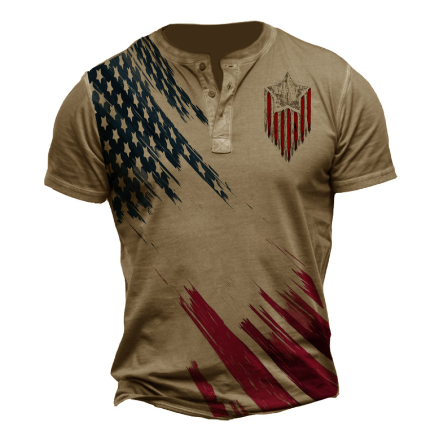 

Men's American Flag Print Henley Collar T-Shirt
