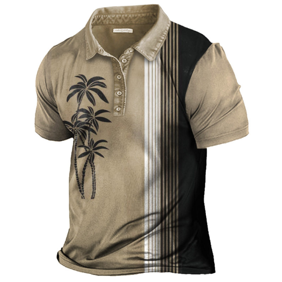 

Men's Vintage Coconut Tree Resort Style Tropical Hawaiian Print Polo Neck T-Shirt