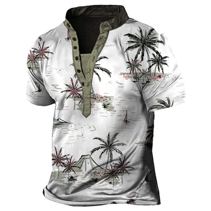 Men's Coco Hawaiian Vacation Print Chic Henley T-shirt