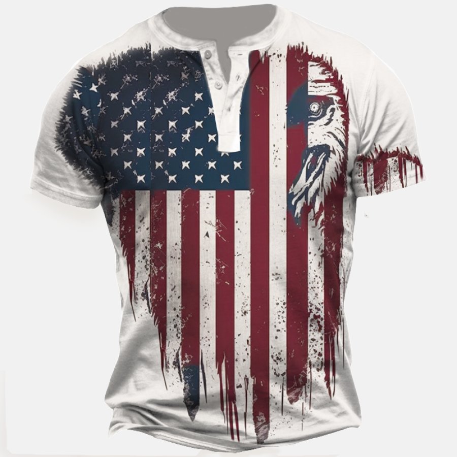 

Men's Vintage American Flag Print Henley Collar T-Shirt