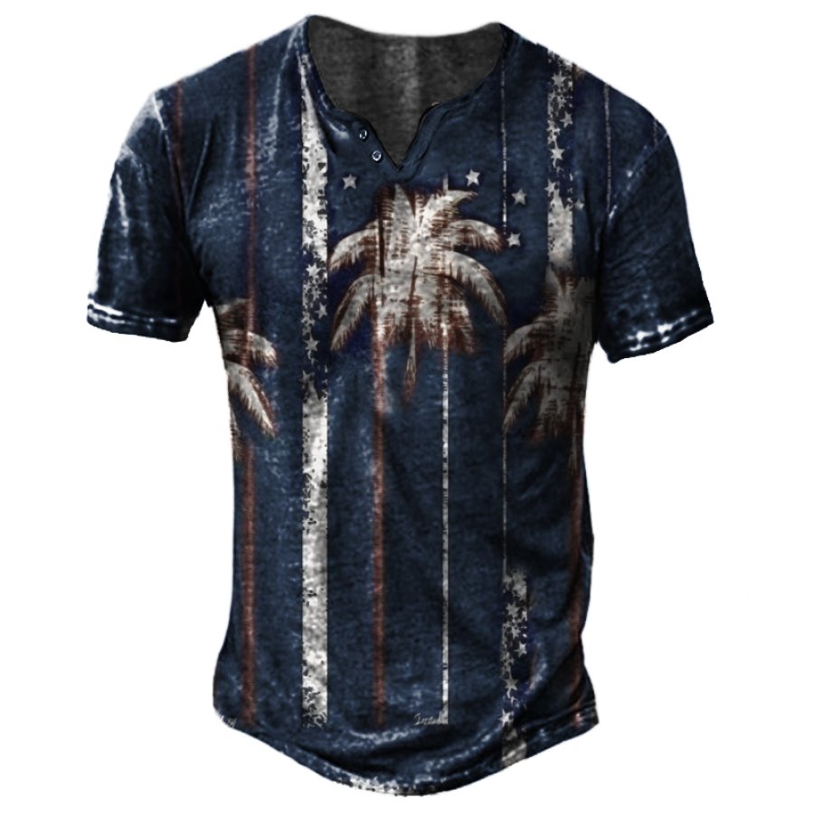 

Men's Vintage Hawaiian Palm Tree American Flag Print V-Neck T-Shirt