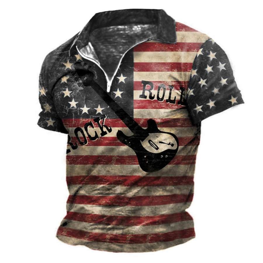 

Men's Vintage American Flag Guitar Zip Polo T-Shirt
