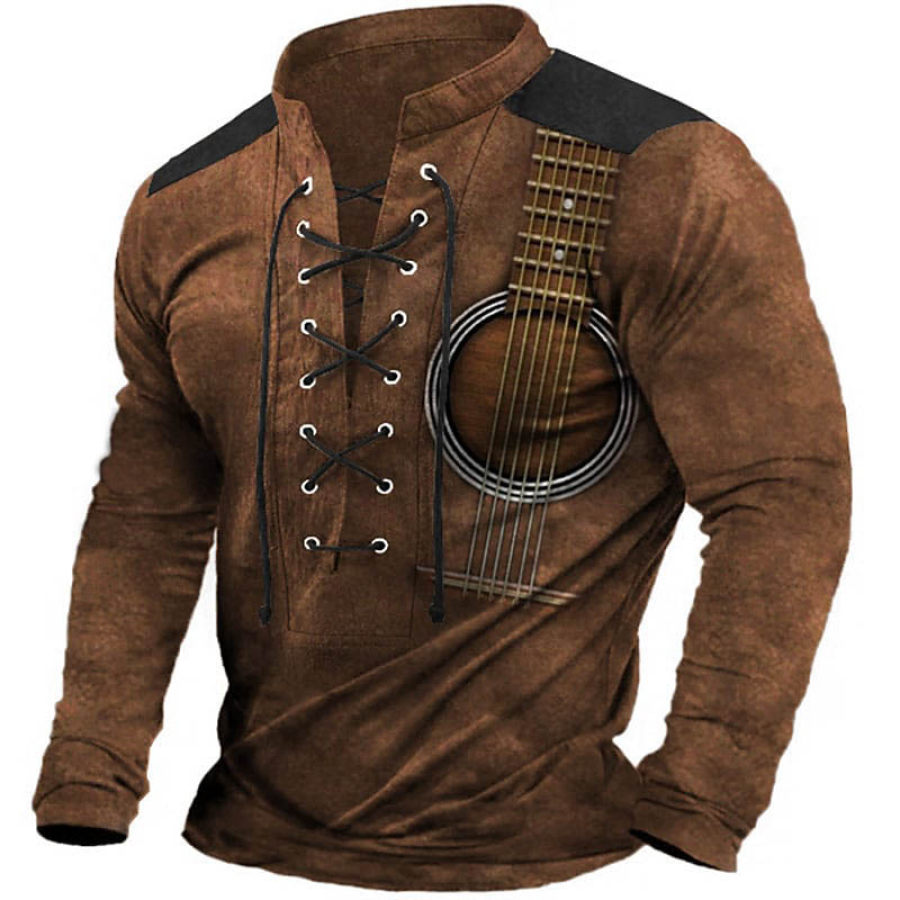 

Men's Vintage Guitar Lace-Up Stand Collar Long Sleeve T-Shirt