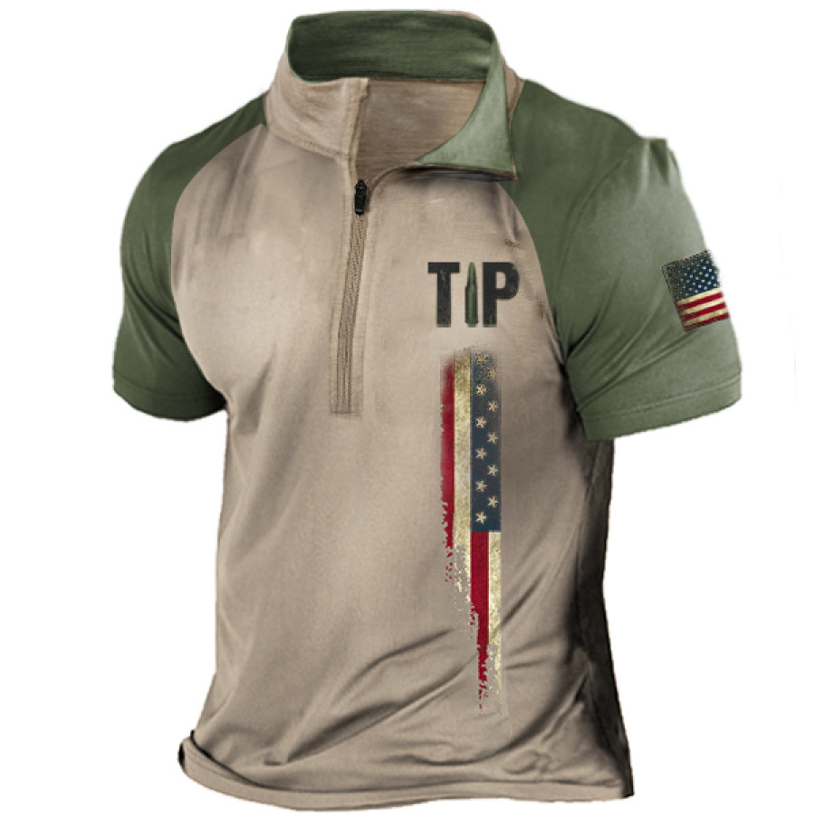 

Men's Outdoor American Flag Zipper Stand Collar T-Shirt