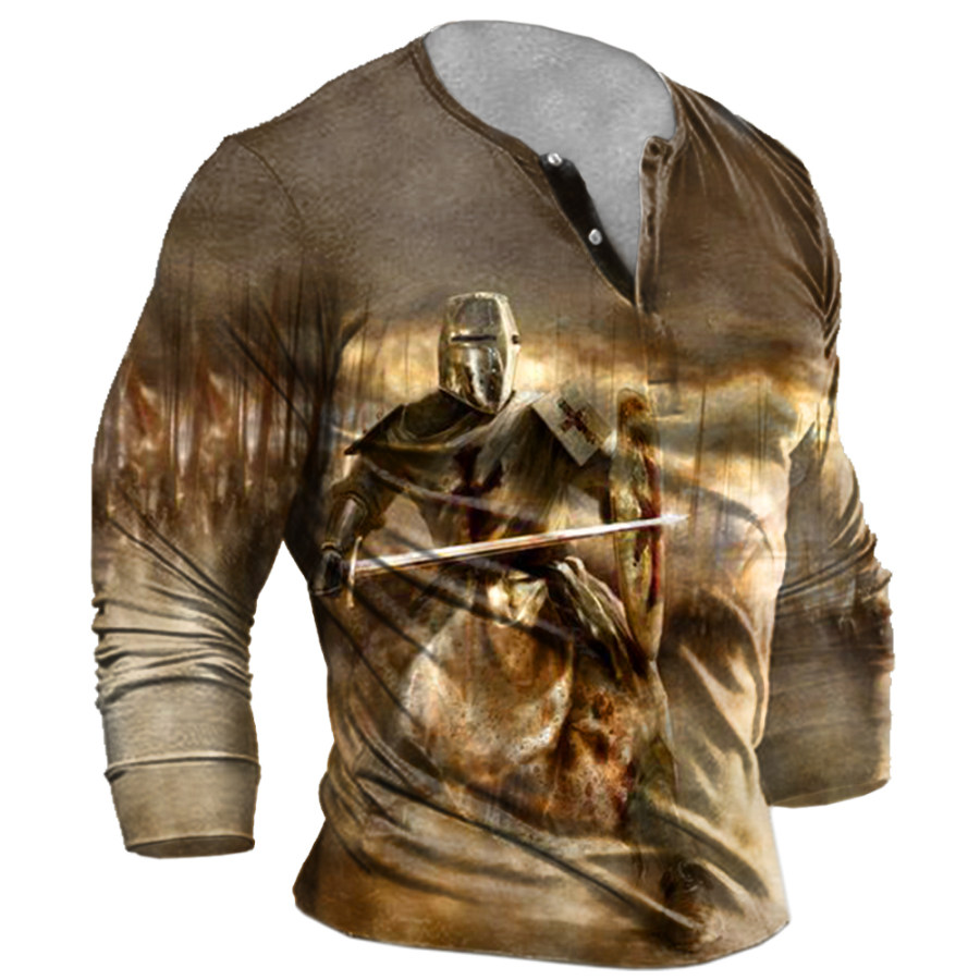 

Men's Vintage Templar Print Henley Collar Long Sleeve T-Shirt