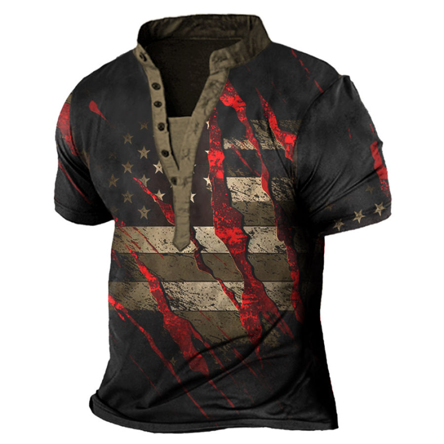 

Men's Vintage American Flag Scratch Print Henley T-Shirt