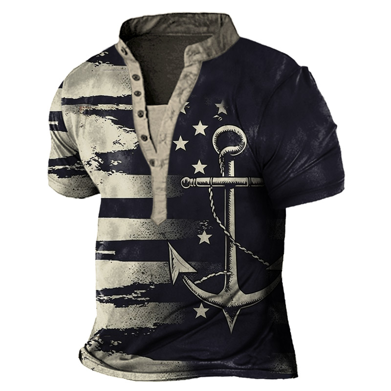 Men's Vintage American Flag Chic Nautical Anchor Henley T-shirt