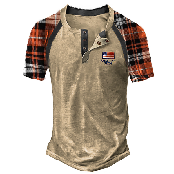 Men's Vintage Check American Chic Flag Logo Print Henley T-shirt