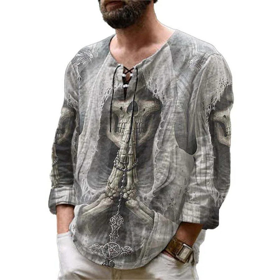 

Men's Skull Vintage Print Drawstring T-Shirt