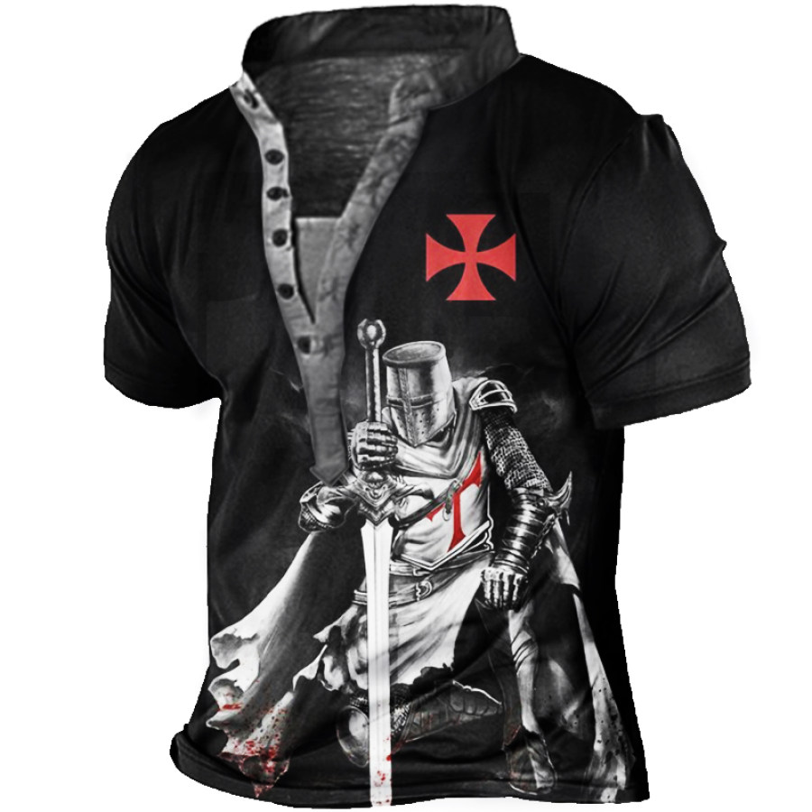 

Men's Vintage Cross Warrior Print Henley Collar Short Sleeve T-Shirt