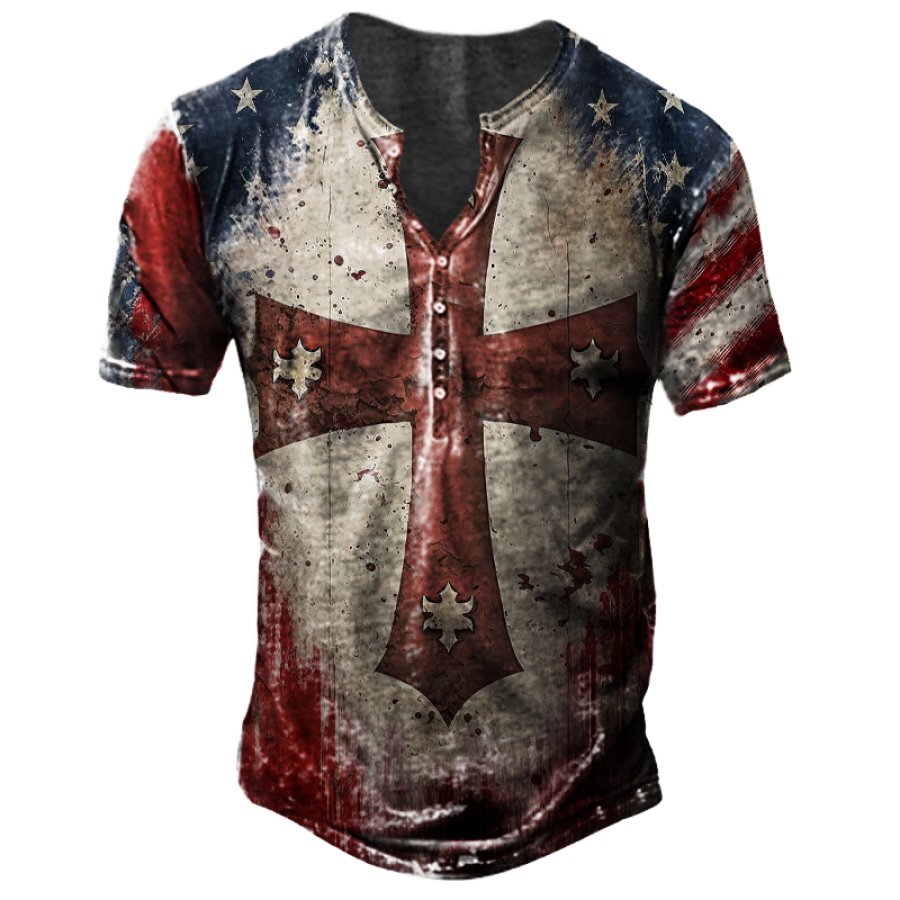 

Men's Vintage American Flag Templar Print Henley Collar T-Shirt