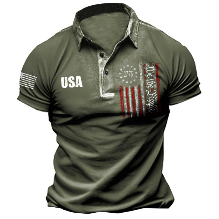 

Men's Vintage American Flag 1776 Patriotic Print Polo T-Shirt