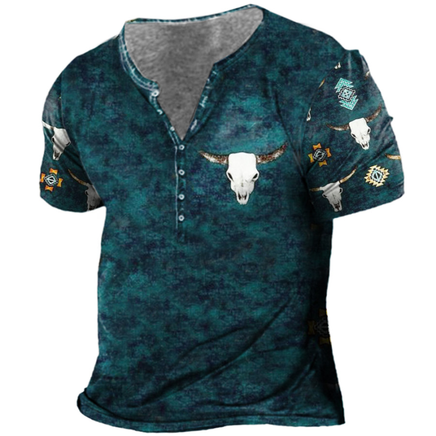 

Men's Vintage Western Print Henley Collar T-Shirt