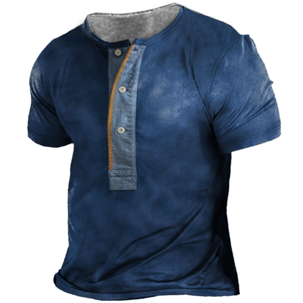 Men's Vintage Colorblock Henley Collar Chic T-shirt