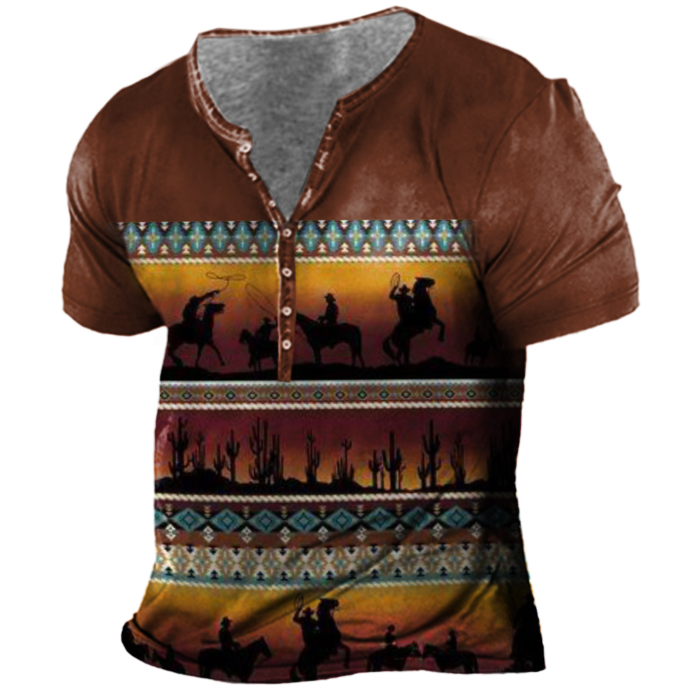 Men's Vintage Western Cowboy Print Chic Henley Collar T-shirt