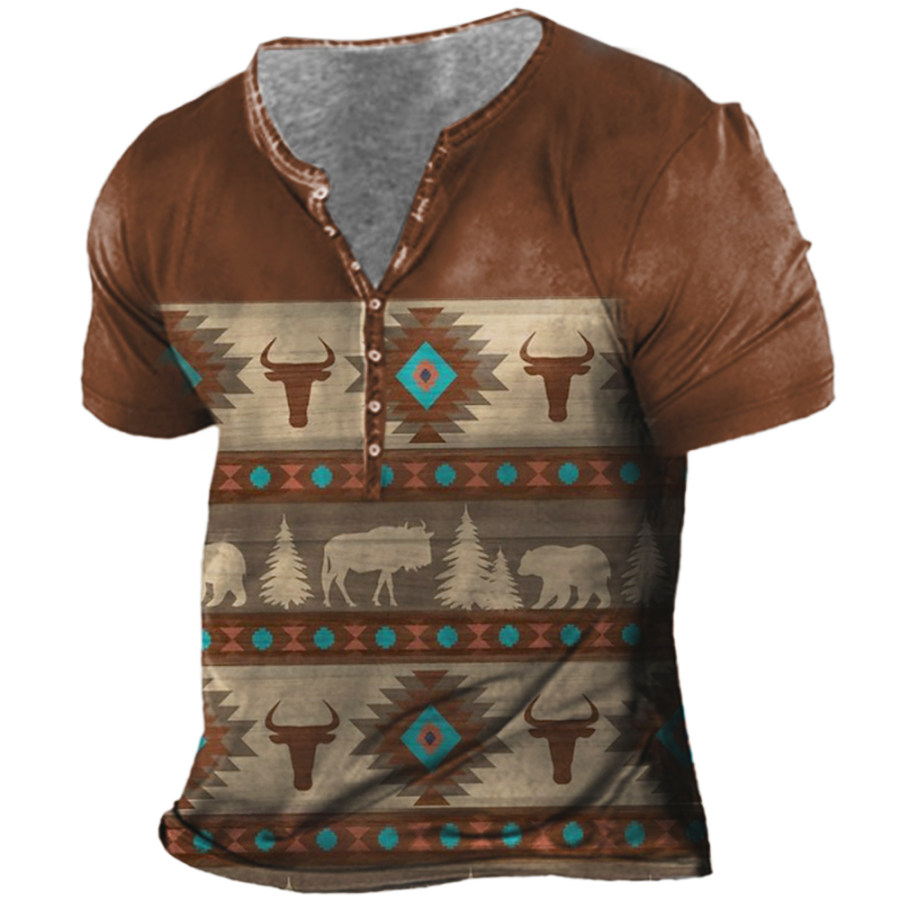 

Men's Vintage Western Print Henley Collar T-Shirt