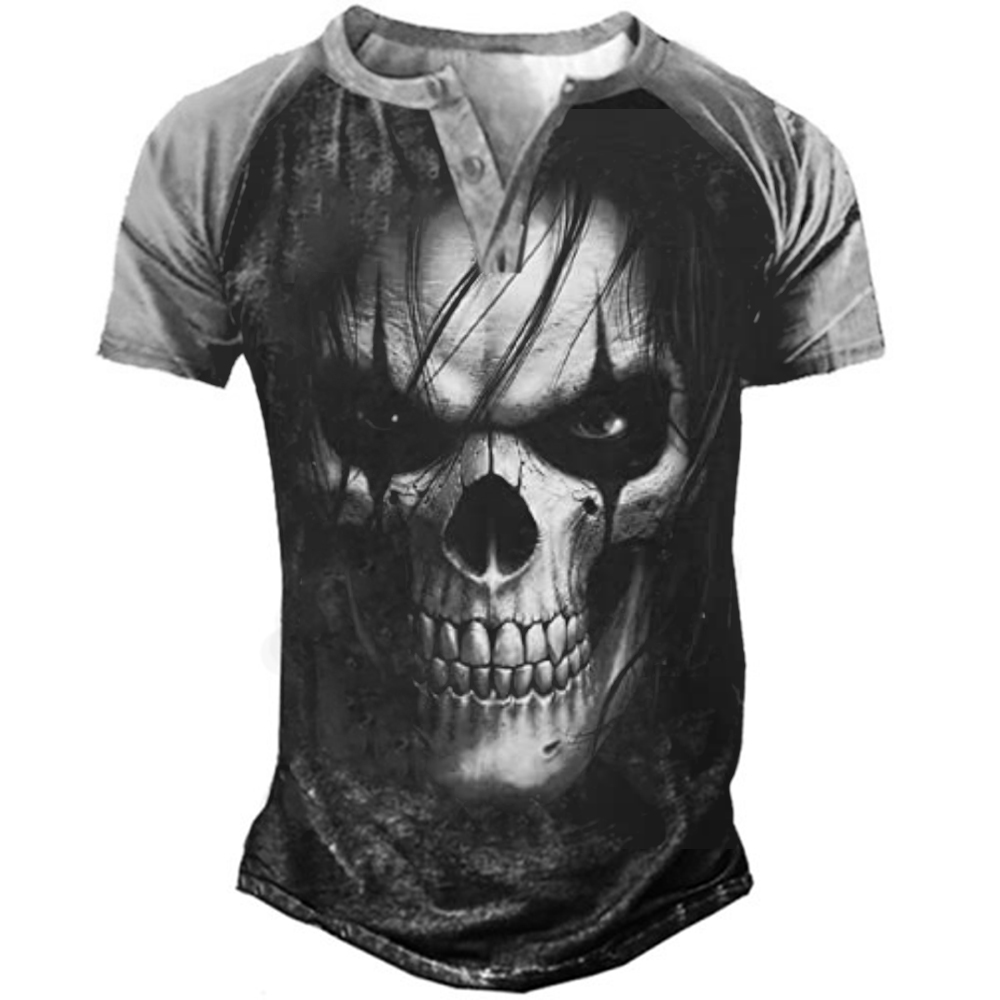 Men's Vintage Skull 3d Print Chic Henley Collar T-shirt