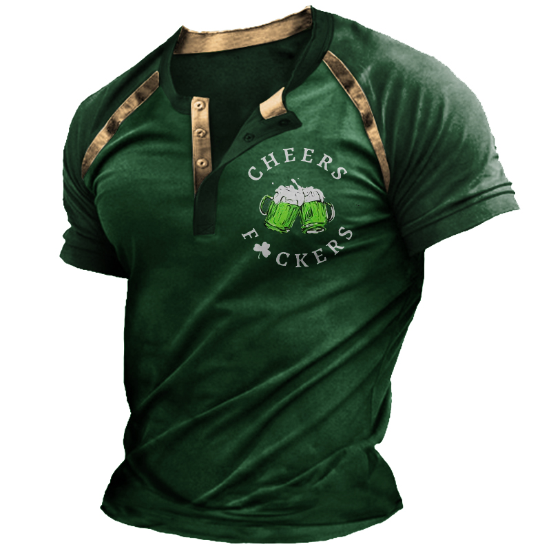 St. Patrick's Day Shamrock Chic Beer Print Men's Short Sleeve Henley Collar T-shirt