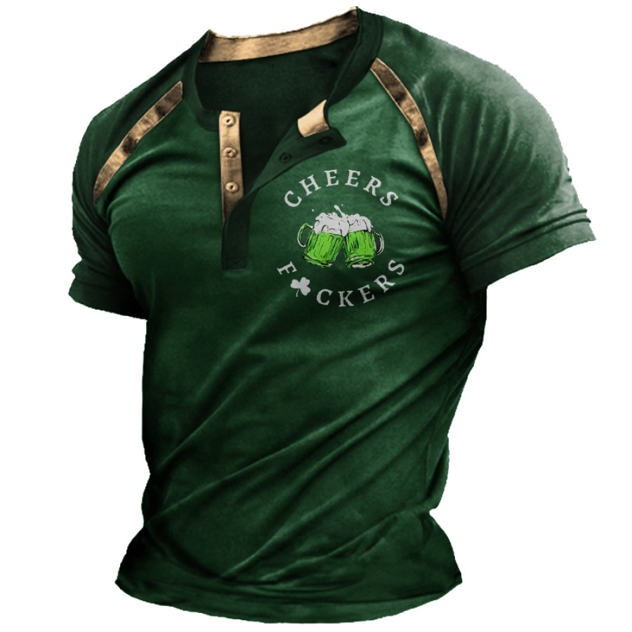 

St. Patrick's Day Shamrock Beer Print Men's Short Sleeve Henley Collar T-Shirt