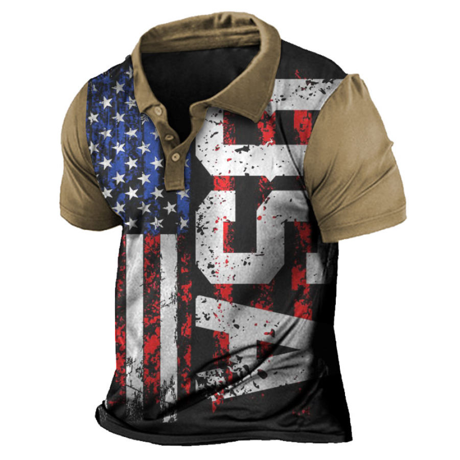 

Men's Vintage USA Flag Print Polo Neck T-Shirt