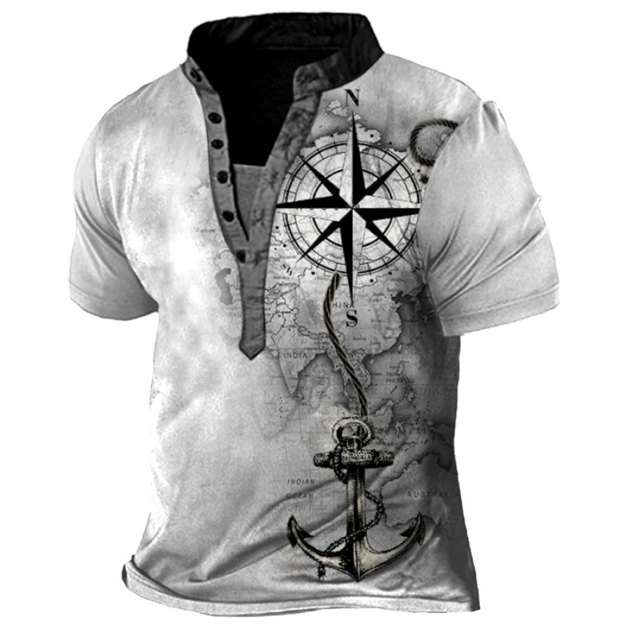 

Men's Vintage Nautical Anchor Compass Print Henley T-Shirt