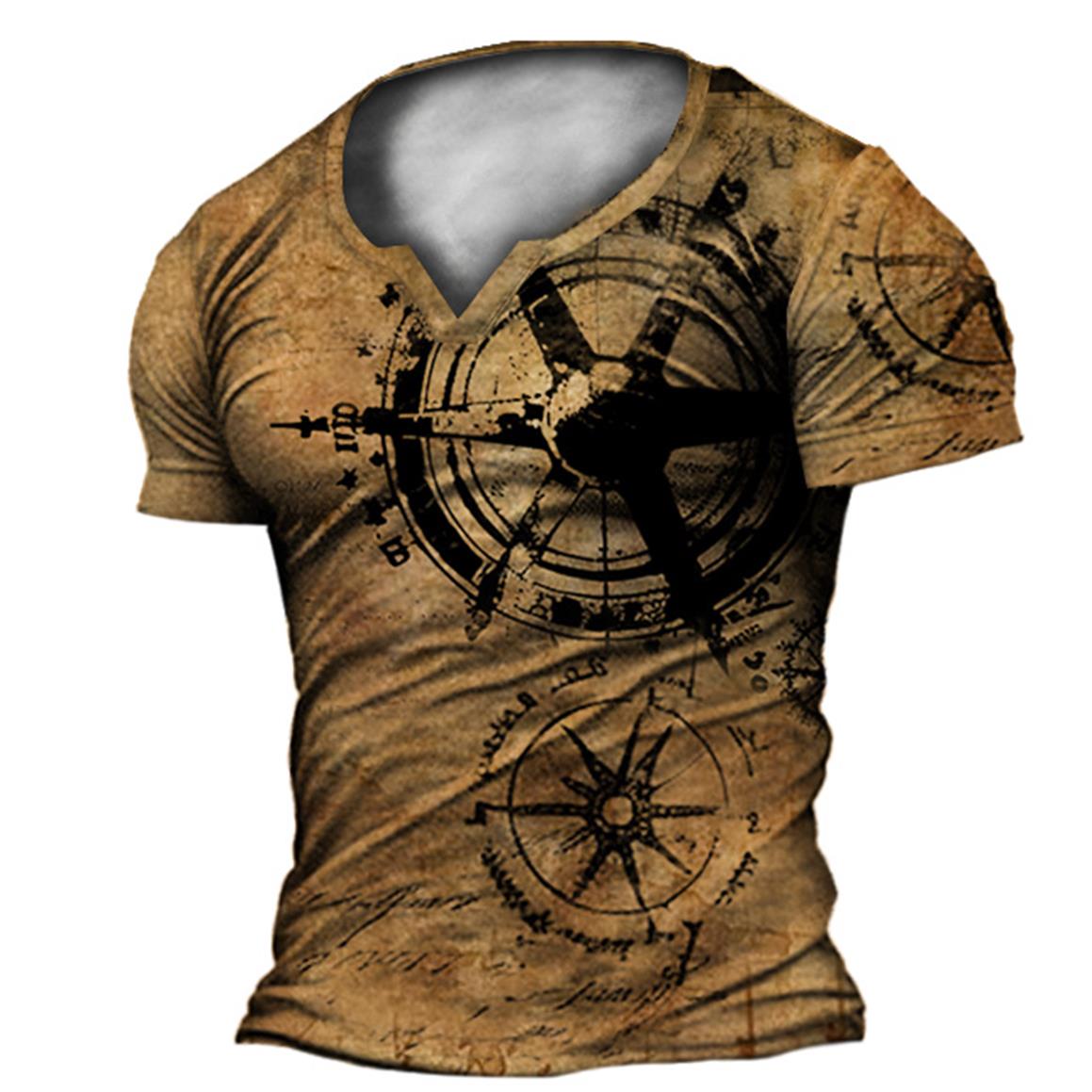 Men's Vintage Nautical Map Chic Compass V-neck T-shirt