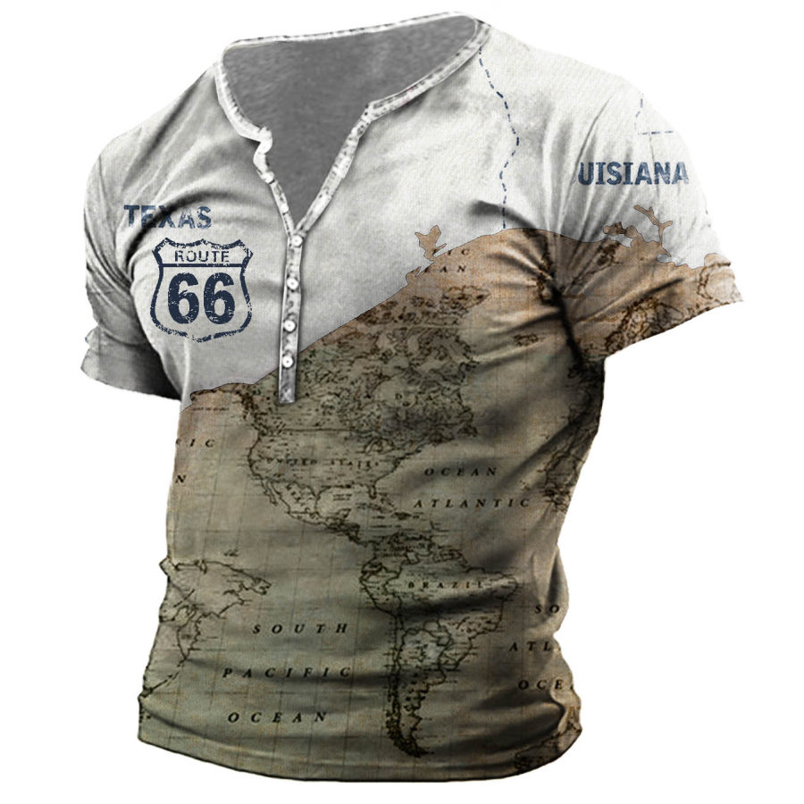 

Men's Vintage Route 66 World Map Henley T-Shirt