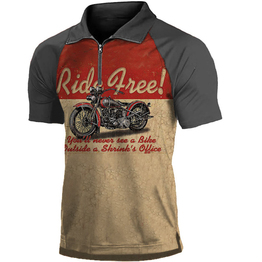 

Men's Vintage Motorcycle Ride Free Zip Stand Collar T-Shirt