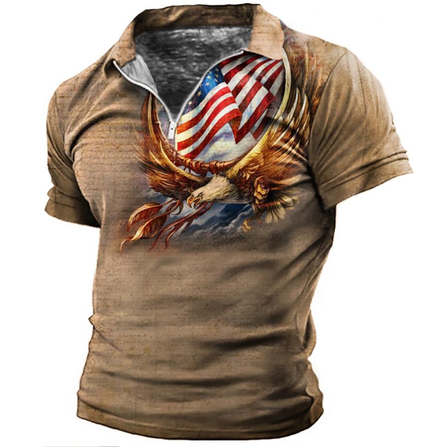 

Men's Vintage American Flag Eagle Zip Polo T-Shirt