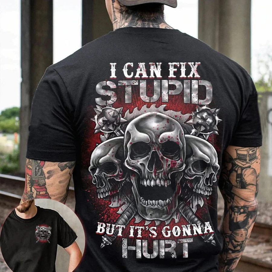 

I Can Fix Stupid 3 Skulls Print Men's Cotton T-Shirt