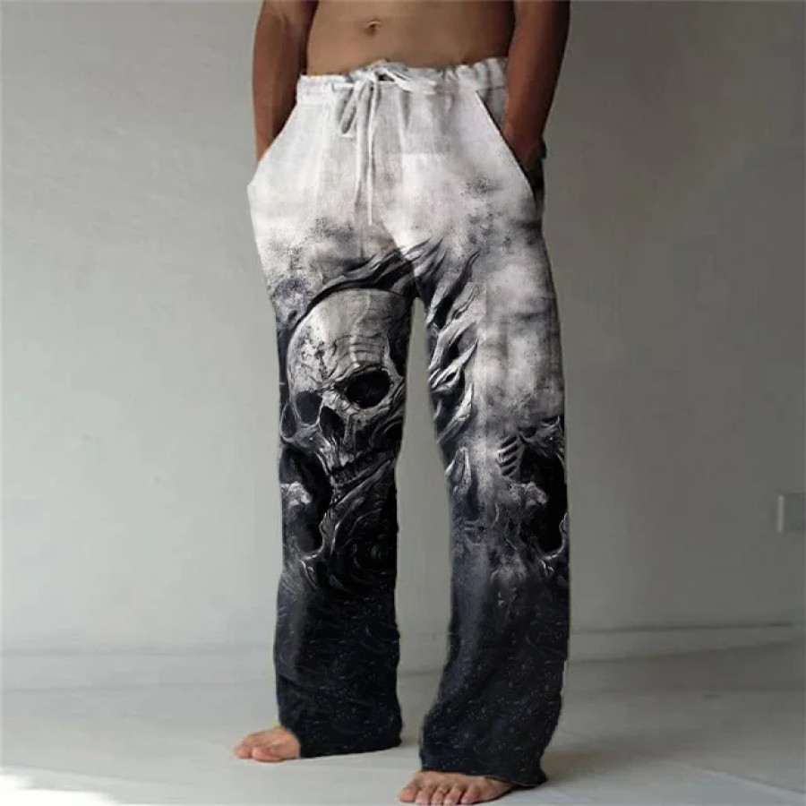 

Men's Skull Print Drawstring Casual Wide Leg Sporty Pants