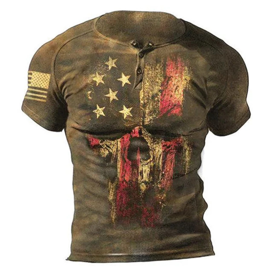 

Men's Vintage American Flag Skull Print Henley T-Shirt