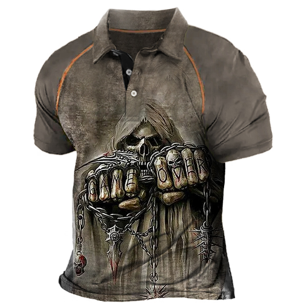 Men's Retro Grim Reaper Print Polo Shirt