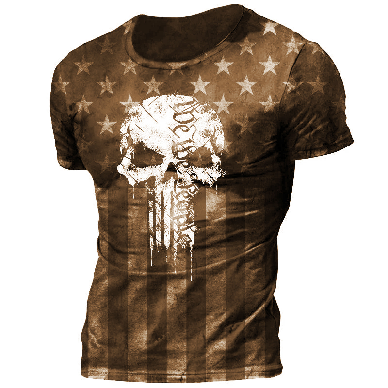 Men's Vintage American Flag Chic Skull Print Short Sleeve T-shirt