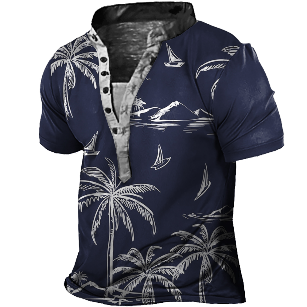 Men's Summer Coconut Print Chic Henley Collar T-shirt
