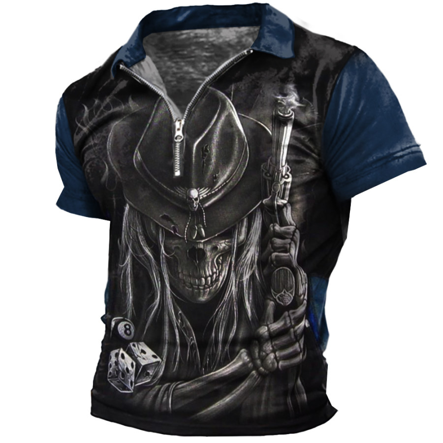 

Men's Vintage Pirate Skull Bump Print Zipper Neck T-Shirt