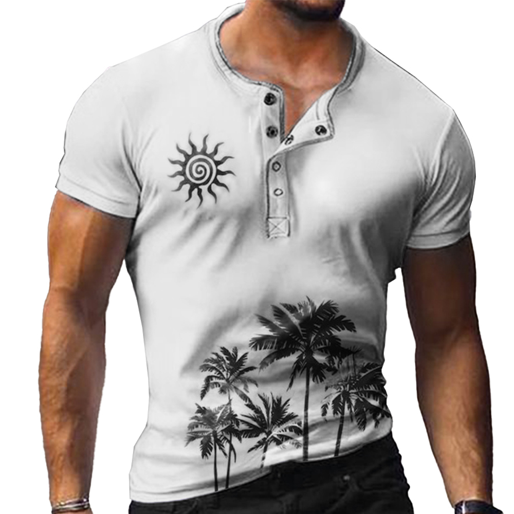 Men's Summer Coconut Sun Print Chic Henley Collar T-shirt