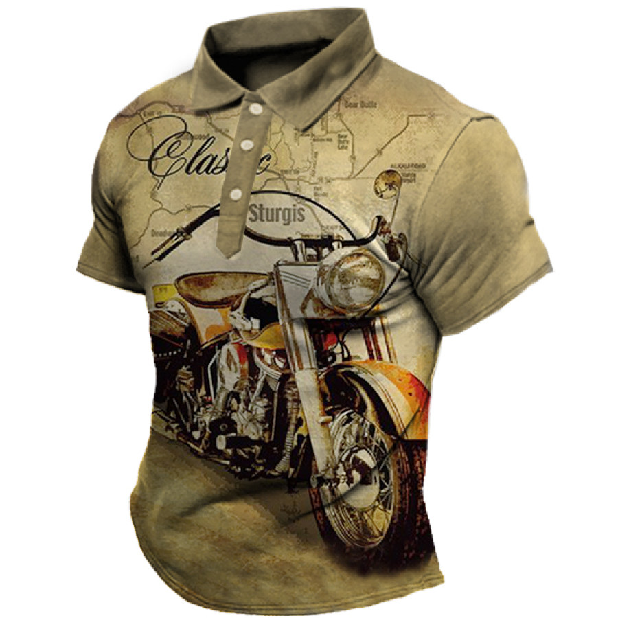 

Men's Vintage Motorcycle Print Polo Neck T-Shirt