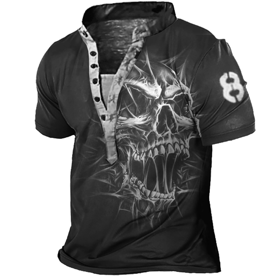 

Men's Vintage Skull Print Outdoor Tactical Henley T-Shirt