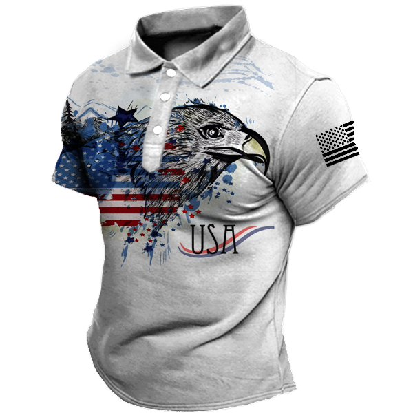 Men's Vintage American Flag Chic Eagle Print Polo Neck T-shirt