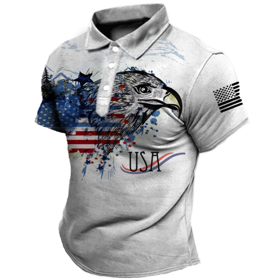 

Men's Vintage American Flag Eagle Print Polo Neck T-Shirt