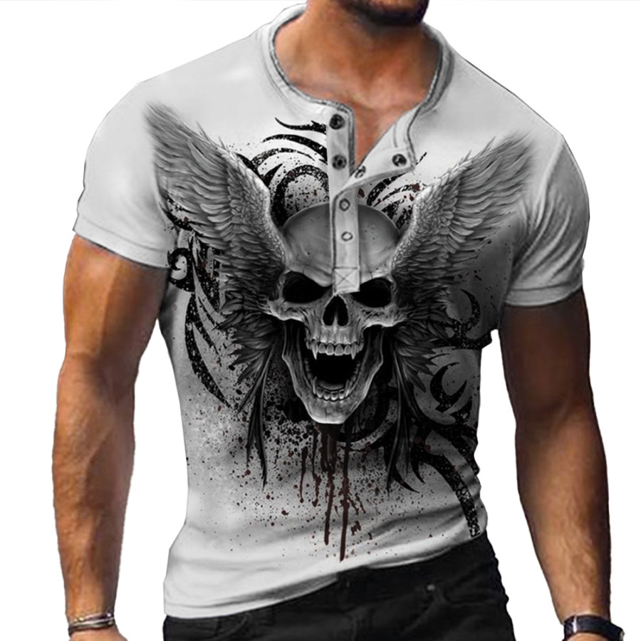 

Men's Vintage Skull Print Henley Collar T-Shirt
