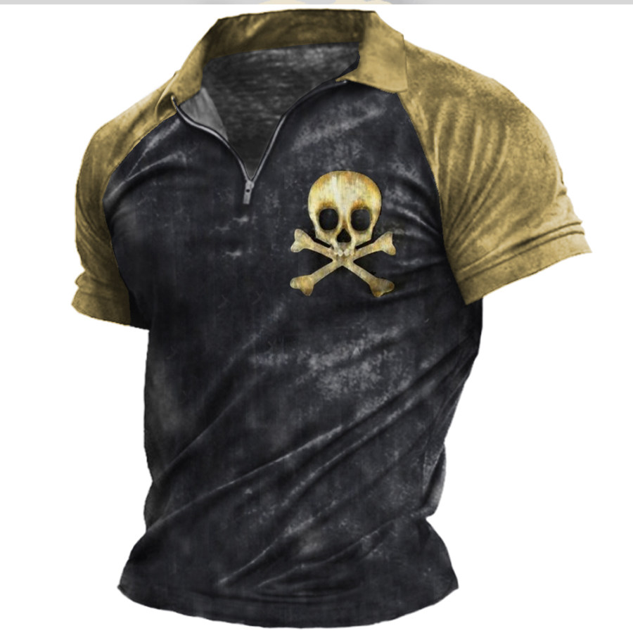 

Men's Vintage Pirate Skull Bump Print Zipper Neck T-Shirt