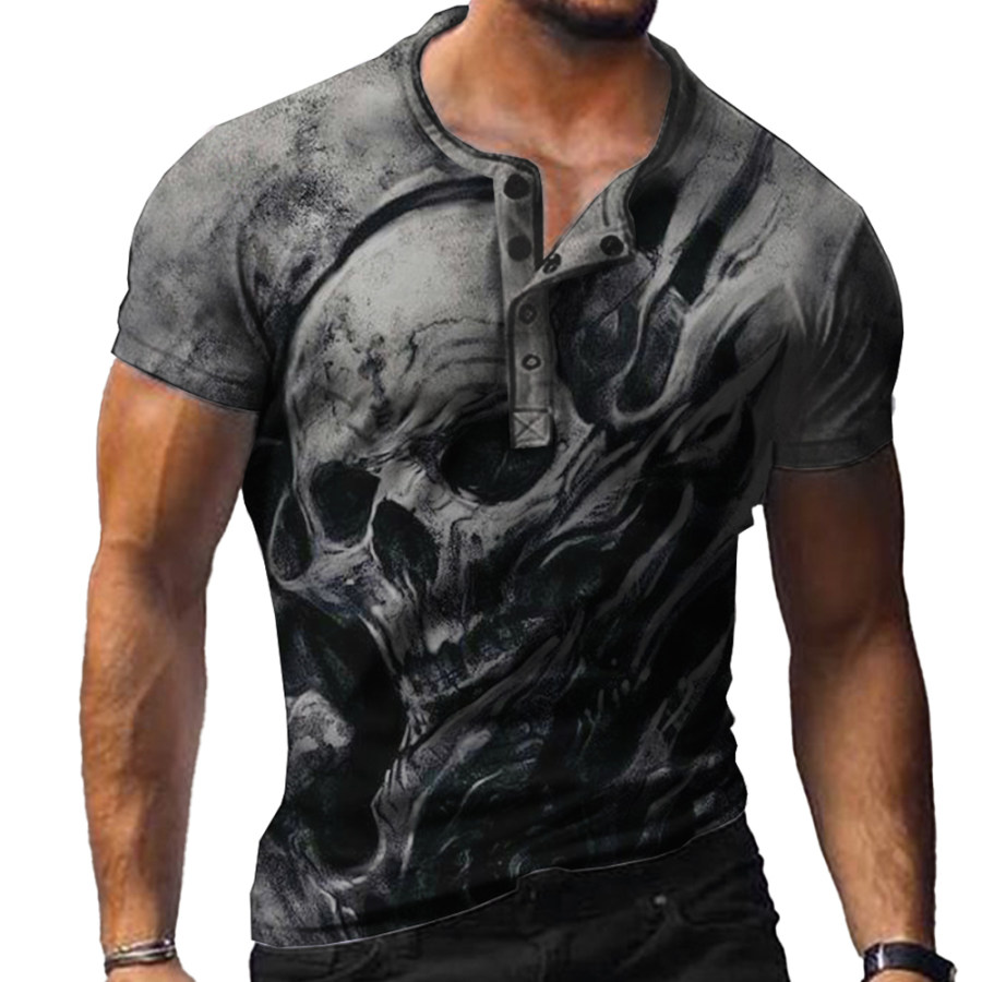 

Men's Vintage Skull Print Henley Collar T-Shirt